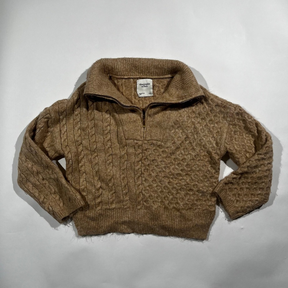 Abercrombie & Fitch Womens Quarter Zip Cable Knit Sweater Tan Brown Small S